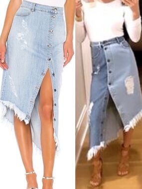 NWT Retrofete Maude Denim Distressed Midi Button Down Asymmetrical Skirt